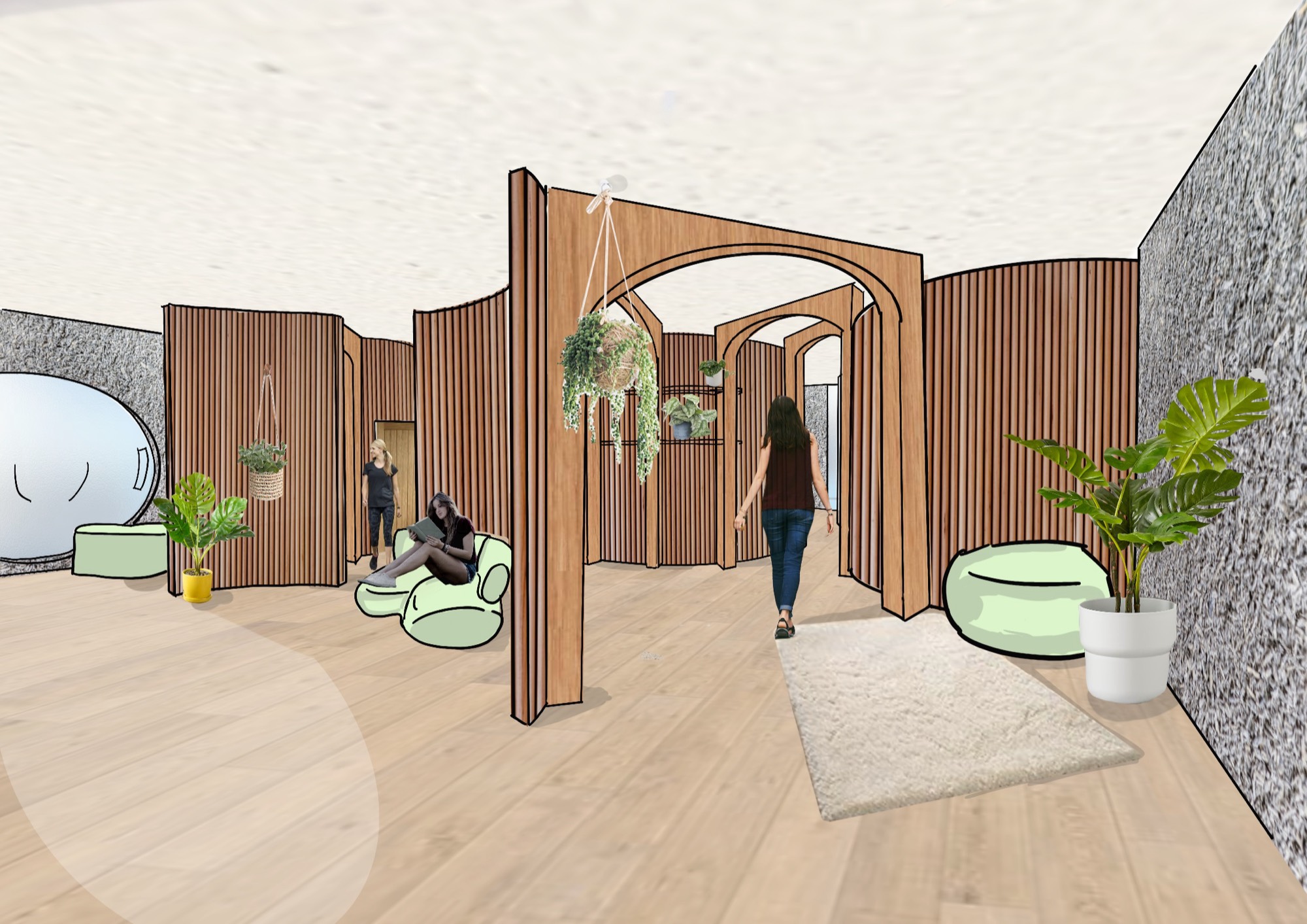 Interior render of the sensory calm space with timber slat walls, hanging plants and arched openings