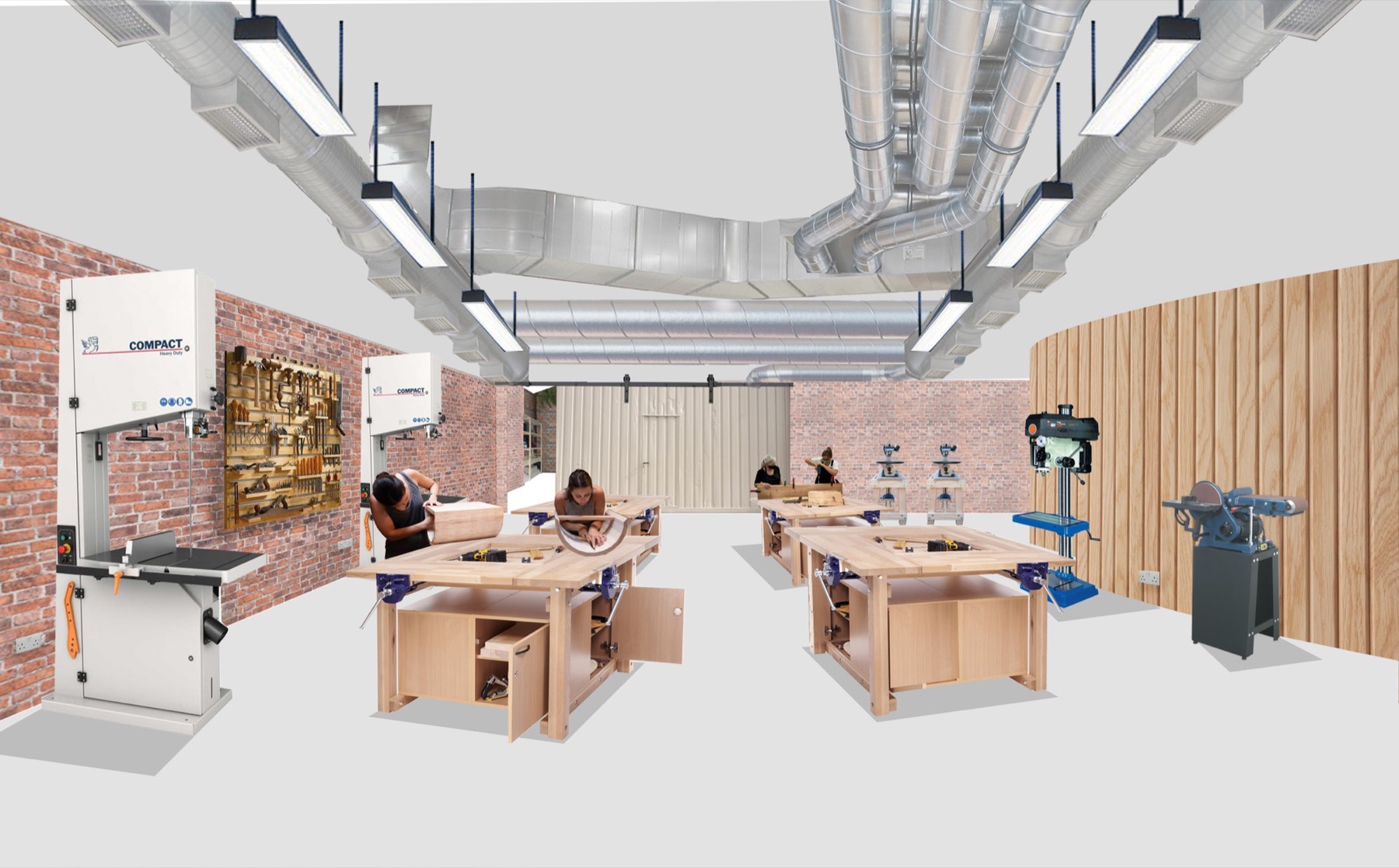Workshop interior render with timber benches, brick walls and specialist equipment