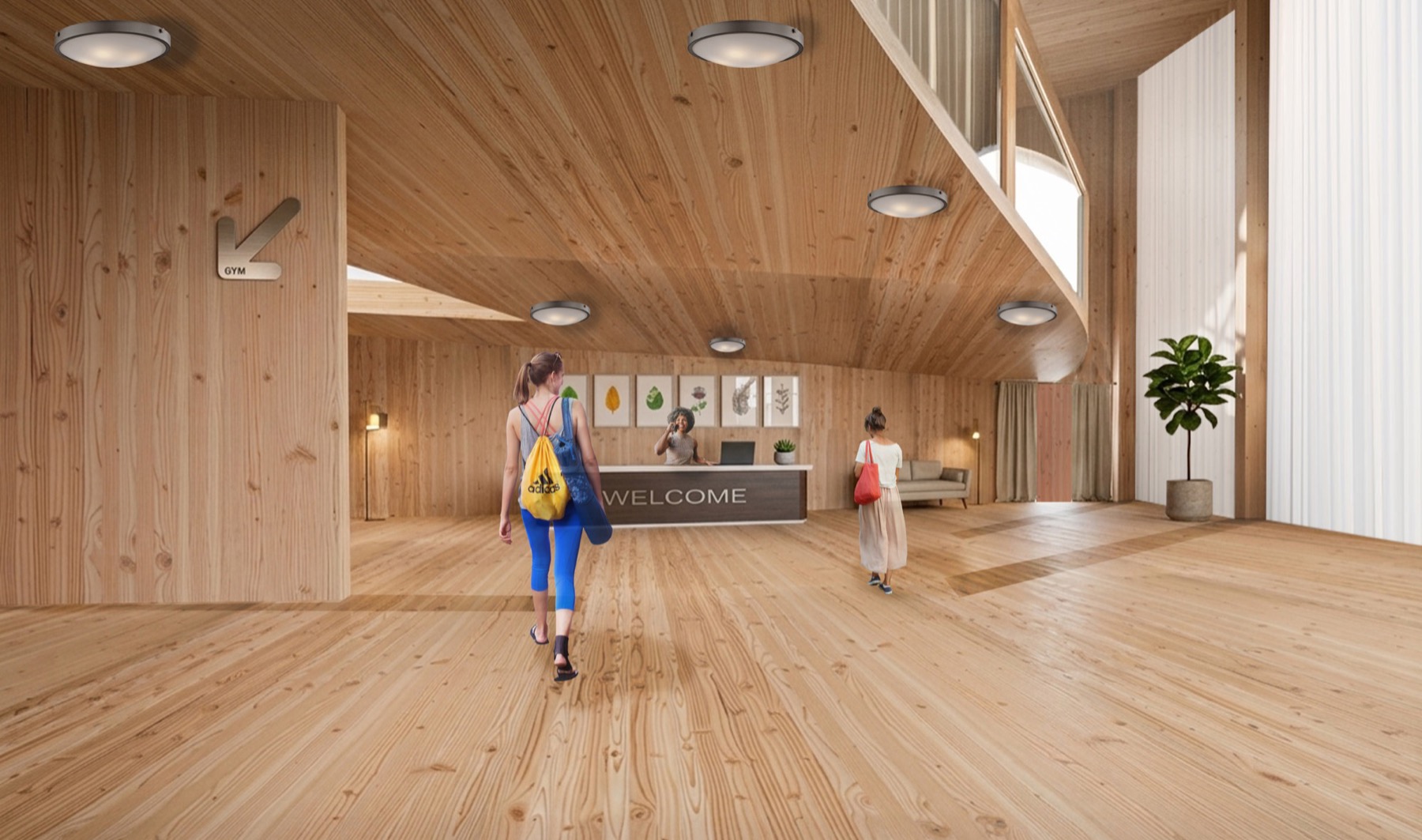 Warm timber reception interior with welcome desk and high vaulted ceiling